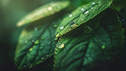 绿色的叶子上几滴雨珠图片