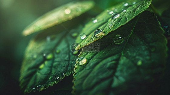 绿色的叶子上几滴雨珠图片