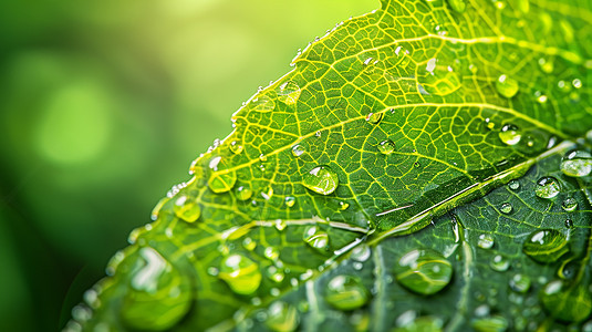 绿色大大的叶子上几滴雨珠图片