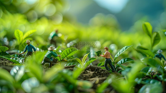 春天嫩绿色茶园中一群忙碌的微缩场景图片