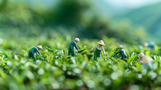 春天嫩绿色茶园中的微缩场景高清图片