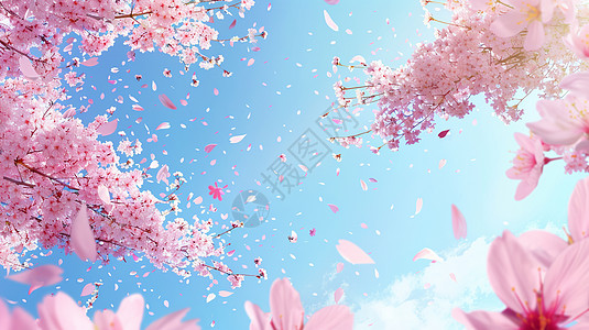 春天树上满粉色花朵花瓣漫天飞舞高清图片