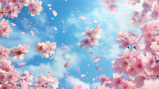 树上满粉色花朵花瓣漫天飞舞唯美风景图片