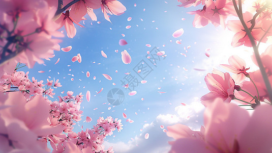 光线良好的春天树上满粉色花朵花瓣漫天飞舞唯美风景图片