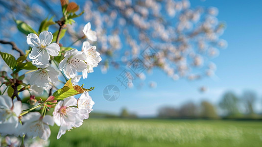 绿油油的田边开满花朵背景图片