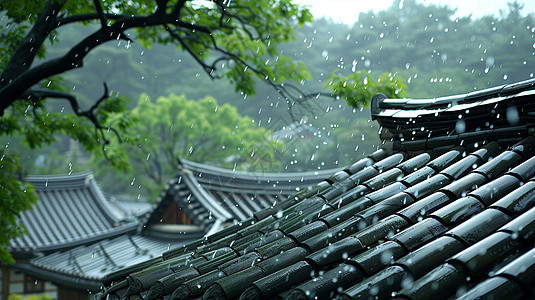 清明节大雨中古风卡通建筑图片