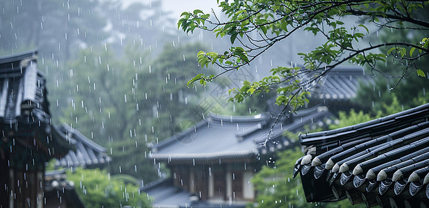 清明节大雨中美丽建筑图片