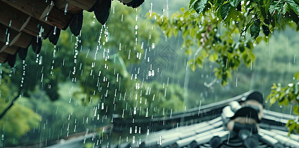 春天大雨中的古风建筑图片