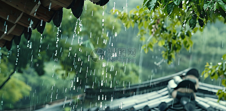 春天大雨中的古风建筑图片