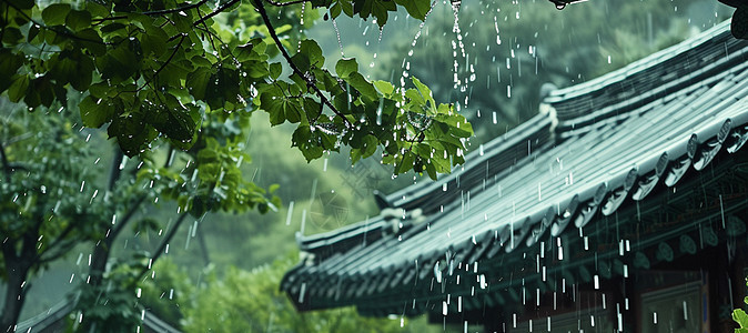 夏天大雨中唯美的古风建筑图片