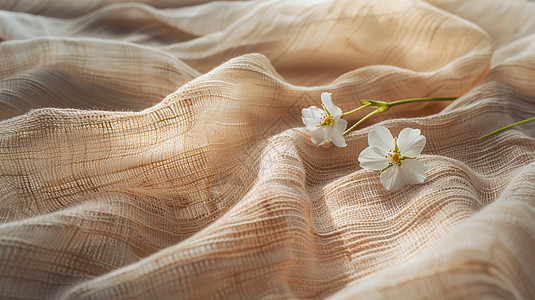 棉麻布上放着一朵小花图片