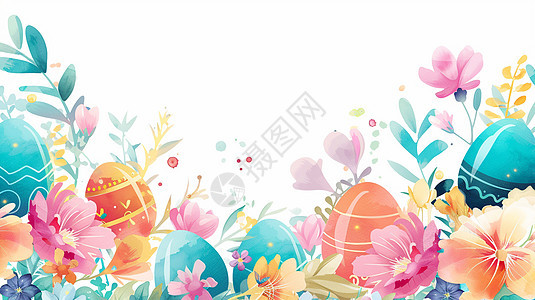 花丛中藏着彩色的蛋水彩风插画图片