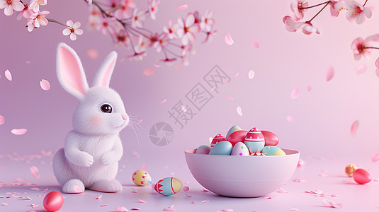 复活节在装满彩色蛋碗旁一只兔子背景图片