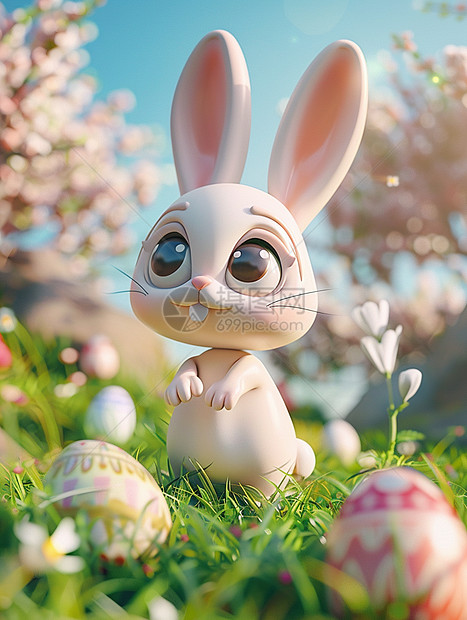 草丛中一只呆萌可爱的卡通长耳朵兔子图片
