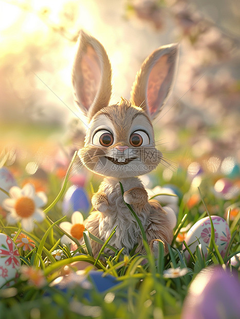 草丛中一只呆萌可爱的卡通长耳朵兔子图片