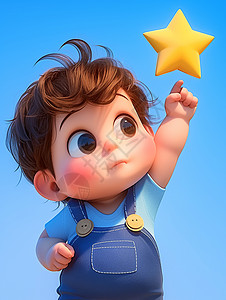 穿着蓝色背带裤的可爱卡通小男孩看着黄色大大的星星背景图片