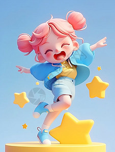在星星舞台上开心跳舞的粉色头发卡通小女孩图片