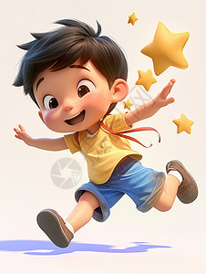 穿着黄色T恤背着书包开心可爱的卡通小男孩图片