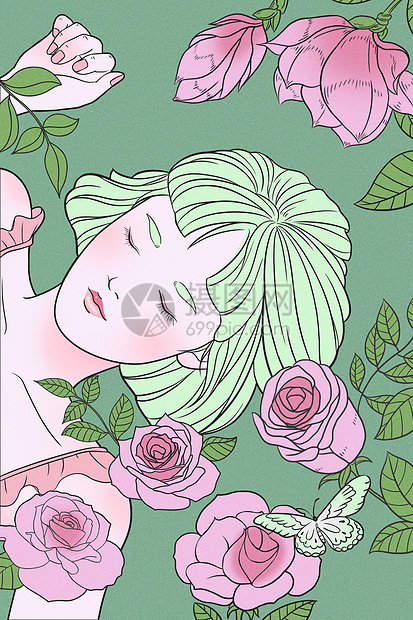 清新玫瑰花美女线描手绘插画图片