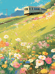 春天在开满花朵的户外行驶的列车图片