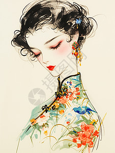 中国风穿着手绘风古风装扮时尚的卡通女人插画