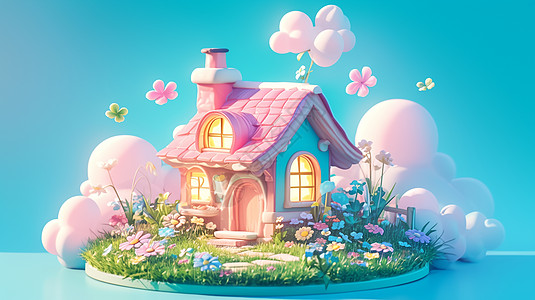 云朵上草地中一座粉色屋顶卡通小房子图片