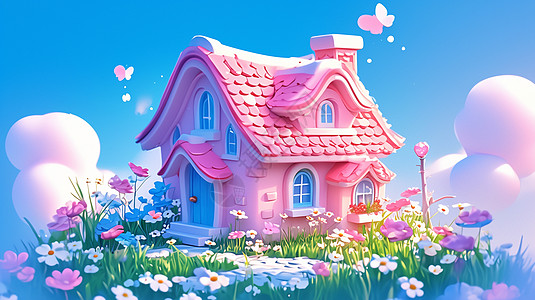 云朵上草地中一座粉色屋顶卡通小房子图片