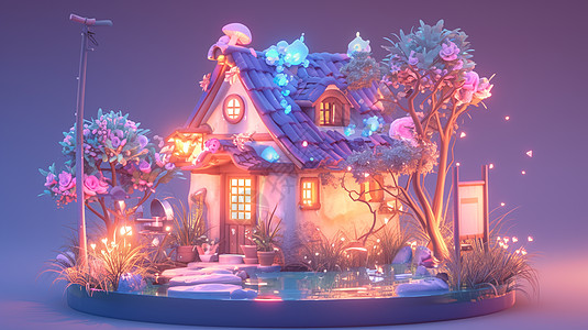 夜晚亮着灯的紫色可爱立体卡通小房子图片