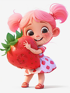 抱着大大的草莓的可爱粉色头发小女孩图片