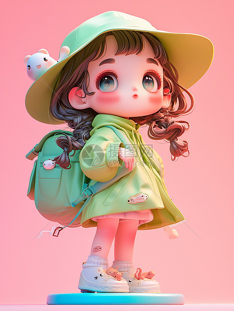 戴着大大的帽子背着书包的立体可爱卡通小女孩图片
