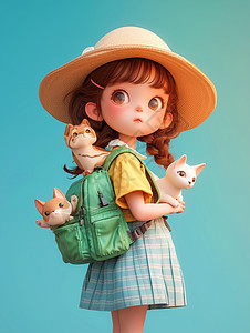 戴着大大的帽子背着书包的立体可爱小女孩图片