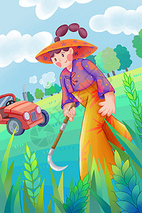 劳动节农民女孩麦田中割麦子背景海报运营插画图片