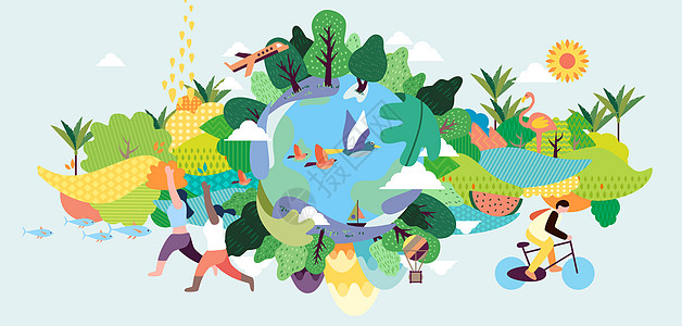 海报健康世界地球日地球健康运动户外扁平风横版插画插画