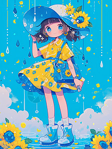 视力卡通蓝色背景戴着大大的遮阳帽穿着黄色连衣裙的可爱卡通小女孩插画