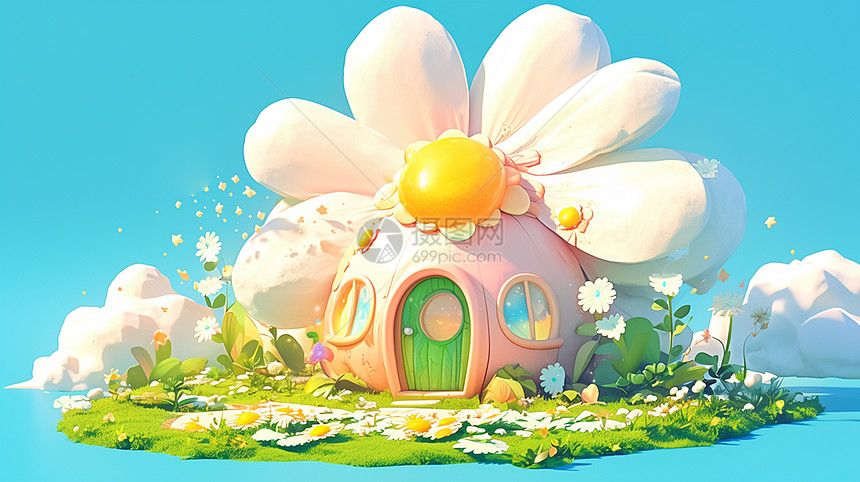 春天在草地上一座花朵主题可爱的小房子图片