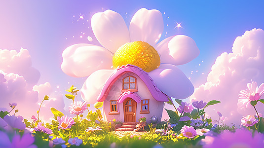 春天在草地上一座花朵主题可爱的房子图片
