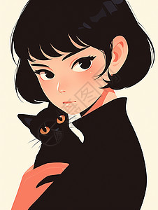 穿着黑色毛衣抱着小黑猫的女孩图片