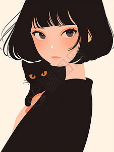 白色背景穿着黑色毛衣抱着小黑猫的短发卡通女孩图片