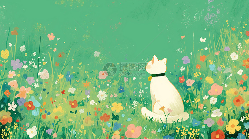 白色卡通猫在开满花朵的草丛中图片