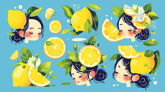 蓝色背景柠檬主题可爱的卡通小女孩贴纸图片
