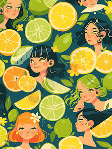 绿色风格的女孩头像与青柠檬手账插画图片