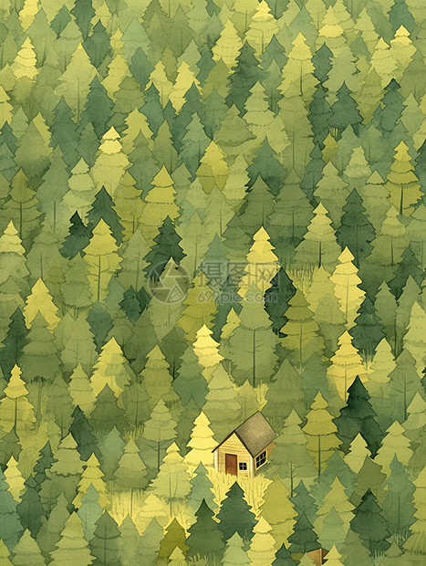 茂密的森林中一座简约可爱的木屋图片