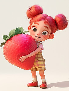 粉色头发扎丸子头抱着大草莓小女孩图片
