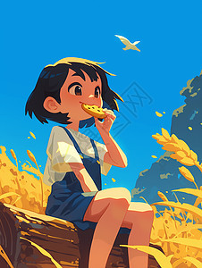 坐在木头上吃饼干穿背带裙的可爱卡通小女孩图片