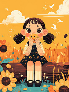 扎小辫子安静吃饼干的可爱卡通小女孩图片
