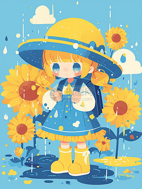 头戴着帽子背着小包站在花丛中的小女孩图片