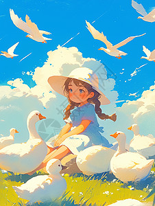 蓝天白云下坐在绿色山坡上放鹅的可爱卡通小女孩高清图片