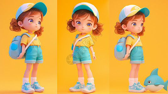 黄色背景头戴棒球帽扎小辫子立体可爱的卡通小女孩图片
