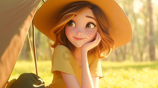 春天草地阳光下戴着遮阳帽在露营帐篷外欣赏风景的卡通小女孩插画