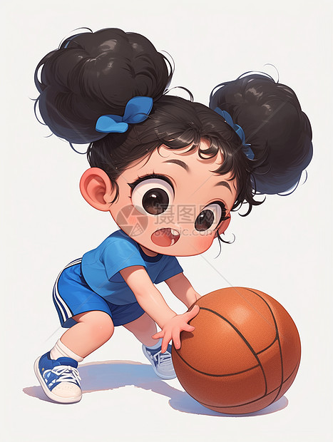 身穿蓝色运动套装玩篮球的可爱卡通小女孩图片